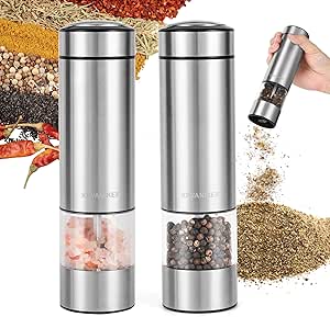 Rechargeable Electric Salt and Pepper Grinder Set with Base, Stainless Steel Pepper Mills with 95ml Container, White LED Light and External Adjustable Coarseness, Silver